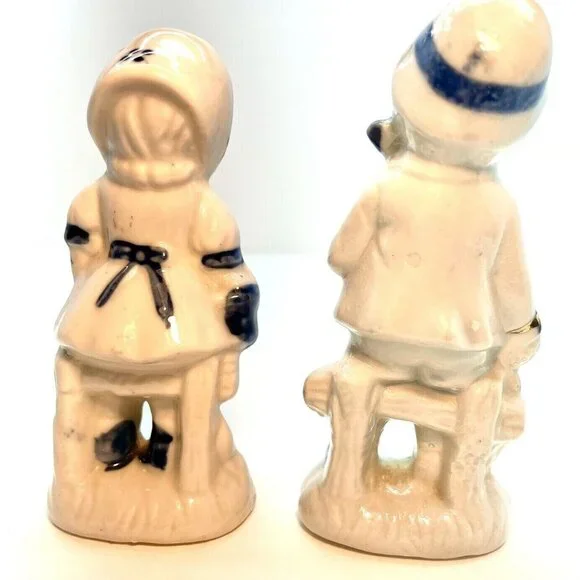 Vintage Holland Figurine Set Farm Boy Girl On Bench Porcelain Blue White Gold - Picture 3 of 11